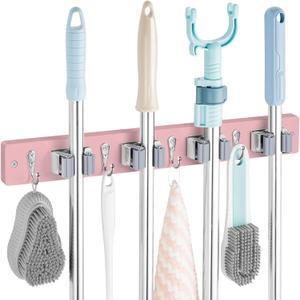 OUTNILI Pink Mop Broom Holder Wall Mount with 4 Slots & 4 Hooks - Wood Broom Mop Hanger for Pantry Closet Laundry Room Kitchen Organization - for Pink Kitchen Decor and Accessories