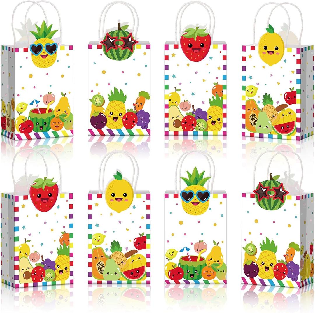 Kolldenn 24pcs Fruit Party Favors Bags Bulk with Handles Summer Kawaii Tutti Frutti Gift Bags Kraft Paper Goodie Bag for Sensory Tropical Theme Birthday Party Supplies