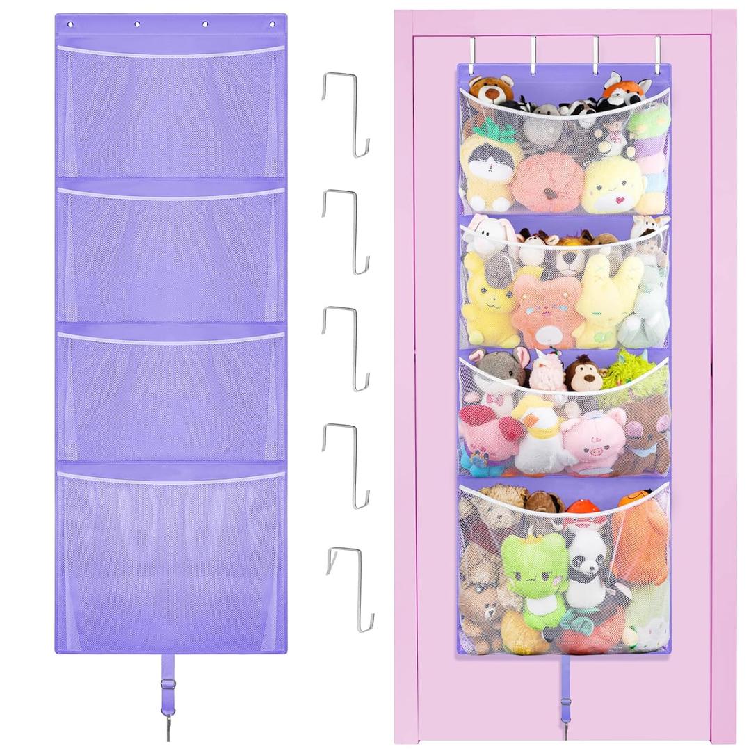 Hanging Stuffed Animal Storage, Over Door Large Plush Toy Organizer with Metal Hook, Baby Accessory Holder Idea for Nursery, Doll & Bear Mesh Hammock Bag for Girl Boy Kid Room