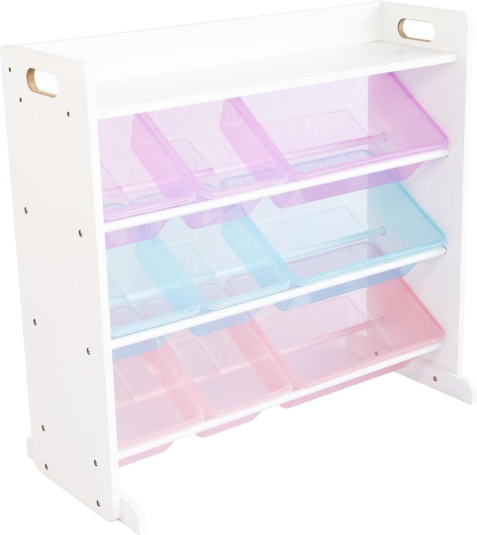 Humble Crew Toy Storage Organizer with 9 Removable Storage Bins for Kids Playroom, 3-Tier with Top Shelf Toddler Toy Organization, White/Purple/Pink/Blue, 34"W X 16"D X 31"H