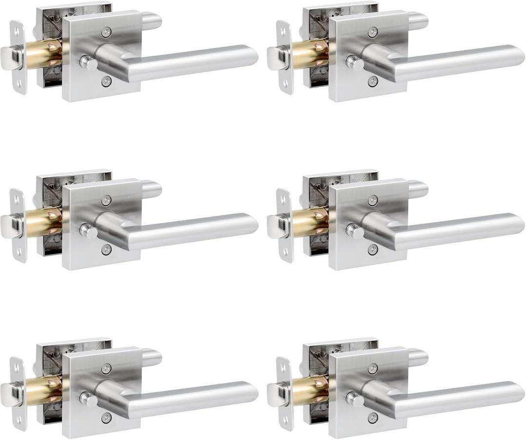 HOSOM 6 Pack Privacy Door Handles Interior for Bedroom and Bathroom, Satin Nickel Interior Door Handles with Lock, Heavy Duty Interior Door Levers, Keyless Reversible Square Door Locks Door Knob