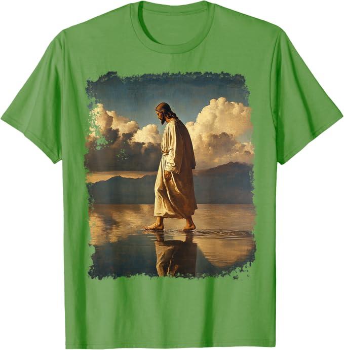 Jesus Christ Walking on Water Christian Bible Graphic Tees T-Shirt Large