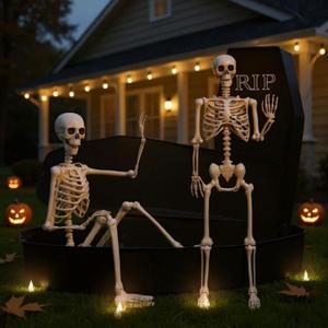 Liliful 4 Pcs 5.3 ft Halloween Coffins and Skeletons Outdoor Decorations, Coffin Prop with Lid Pop up Caskets Life Size Poseable Skeleton Horror Props Human Bones for Haunted House Grave Yard Decor