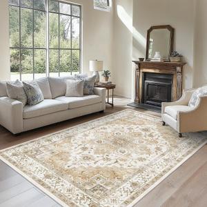 Amada 6x9 Washable Area Rug for Dining Room, Beige, Vintage Pattern