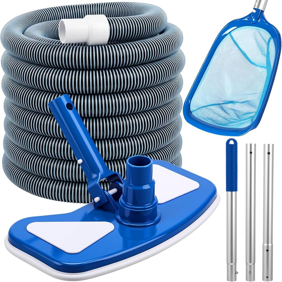 4 Pcs Swimming Pool Vacuum Kits 11.8" Vacuum Head with 1-1/2" x 29.5 ft Hoses, 13.7ft Pole and 17" Skimmer Net Flexible Head with Wheels for Above Ground Inground Hot Tub Cleaning Tool