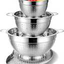 Palksky Stainless Steel Colander Set with Handles & Self-Draining Base, 3 Sizes (7, 9, 11), Heavy Duty Pasta Strainer, Rice & Vegetable Strainer, Countertop Draining System