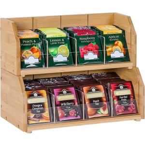 2-Layer Stackable Bamboo Tea Bag Organizer Storage Holder & Rack - Wooden Tea Box Containers - Stand for Countertop or Cabinet