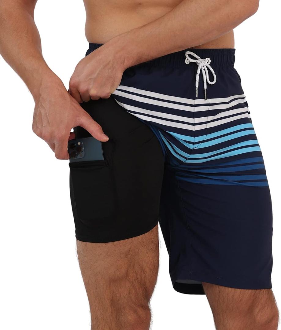 Arcweg Mens Swim Trunks with Compression Liner 2 in 1 9" Swimming Trunks Quick Dry Men's Swimwear for Surfing Summer Beach (Blue Stripe Gradient)