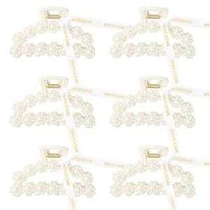 DEEKA Bridesmaid Proposal Gifts 6 Pack Pearl Bridesmaid Hair Claw Clips with Ribbon 3.6 Inch Large Hair Clips Bachelorette Party Favors Bridal Party Present Hair Accessories (Half Circle L)