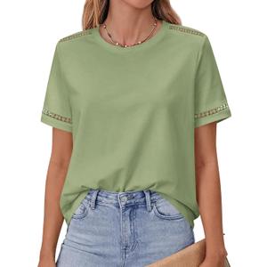 BTFBM Short Sleeve Shirts for Women 2026 Lace Summer Tops Spring Casual Loose Crew Neck T-Shirt Cute Vacation Outfits (S)