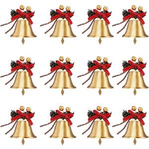 Christmas Gold Bells, 12pcs 2.4inch Metal Gold Jingle Bells with Red Bow and Berry Tree Hanging Ornament, Xmas Ornament Ringbell for Christmas Tree Pendant Holiday Decoration