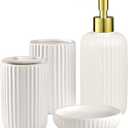 Bathroom Accessories Set, 4PC Ceramic Bathroom Sets Complete-Toothbrush Holders, Soap Dispenser, Soap Dish, Toothbrush Cup, Elegant White Gold Bathroom Decor, Bathroom Organizer for Countertop