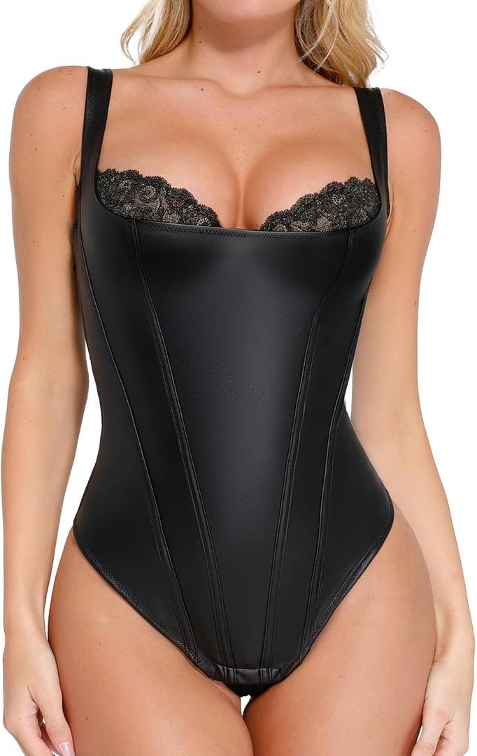 Popilush Faux Leather Shapewear Bodysuit Lace Body Suits for Womens Tummy Control Corset Tops Thong Body Shaper (Large, Black)
