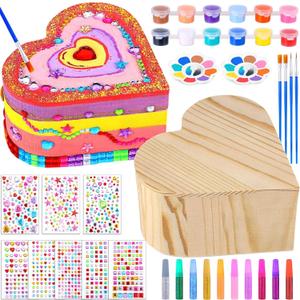 2 Pack Paint Your Own Wooden Jewelry Box DIY Crafts Kits Treasure Box Craft Kit Arts and Crafts for Kids Ages 3-12 Creative Activity Toys Birthday Gifts Valentines Mother's Day Party Favors (Heart)