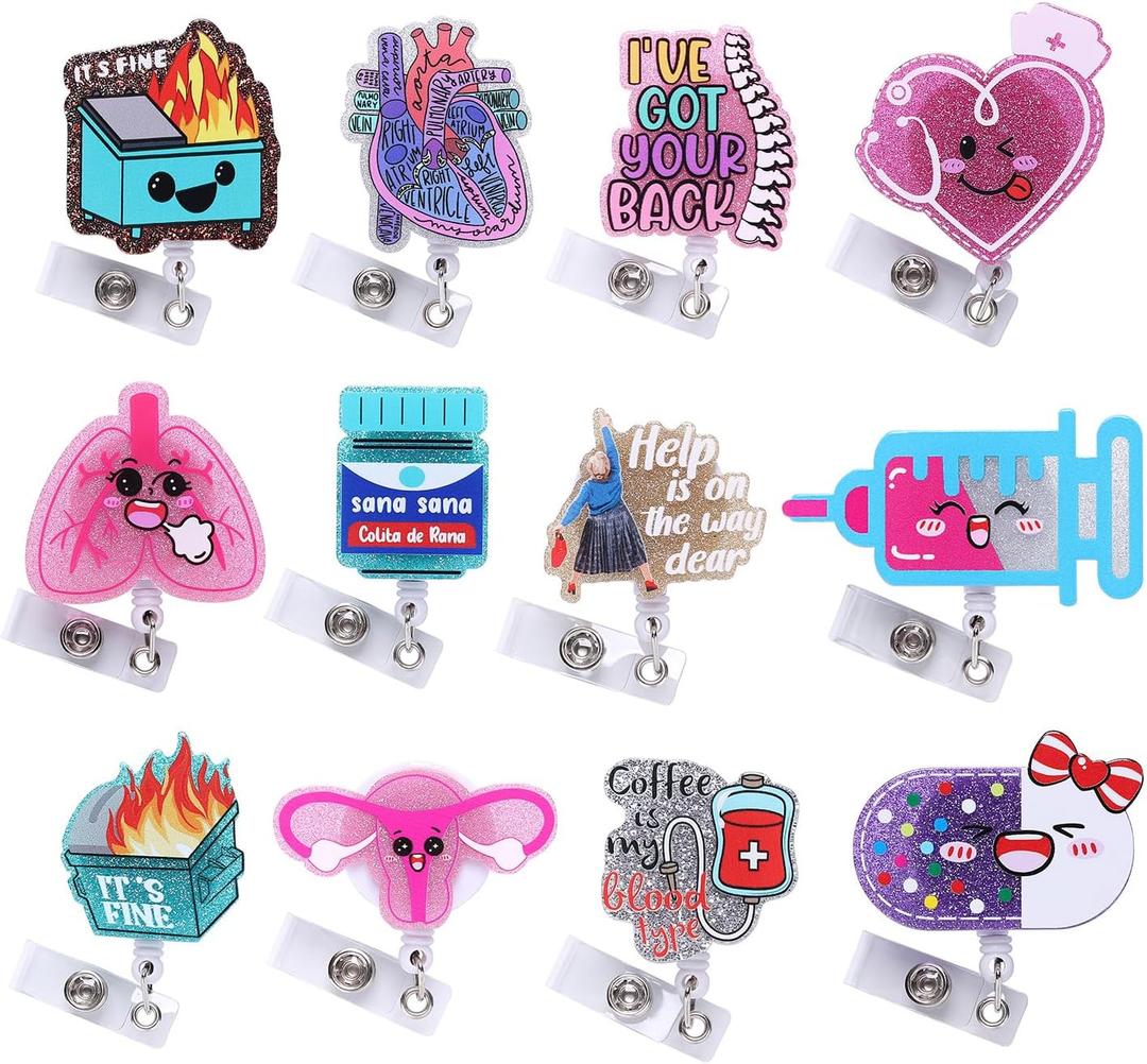12 Pcs Cute Nurse Badge Reels Funny Acrylic Retractable Badge Holder with Alligator Clip Nurse, Cute Cool Id Tag Card Holder Clips for Doctor Student,Teacher,Work OfficeAccessories Bulk Gifts (Multicolour)