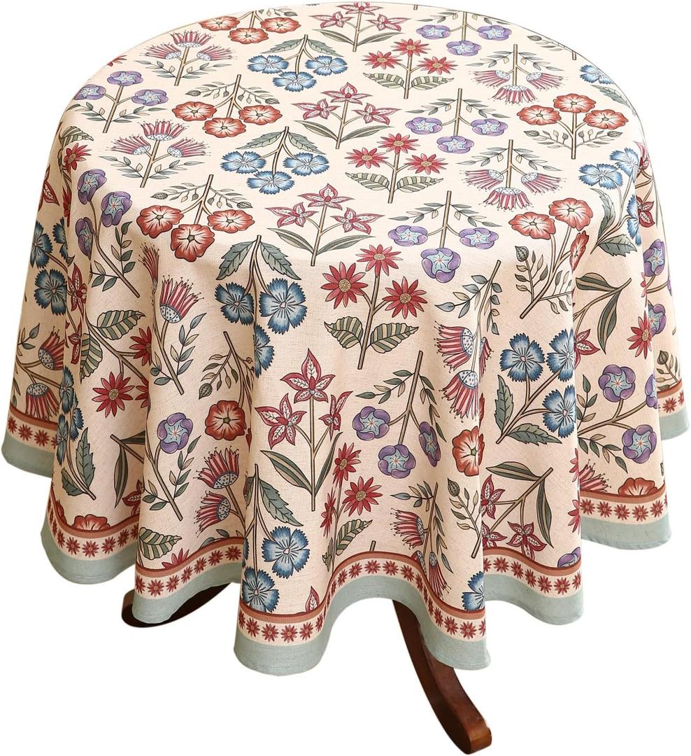 French Linen Round Tablecloth,Vintage Multiple Prints Table Cloth,Soft and Durable Tablecloths,Decor Table Cover for Kitchen,Dining,Tea Party,Home,Christmas,Diameter 55"