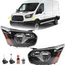 Pair Headlight Assembly Fit for 2015-2020 Ford Transit 150 250 350 Halogen Head Lamp Black Housing Left Driver and Right Passenger Side CK4Z13008G FO2503357 CK4Z13008F FO2502357
