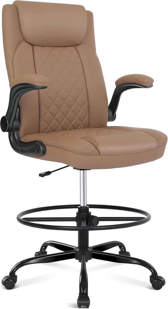 Misolant Drafting Chair, Tall Office Chair for Standing Desk, Standing Chair with Adjustable Height and Flip-up Armrest, Leather Drafting Chair, High Office Chair for Counter Height Desk (Brown)