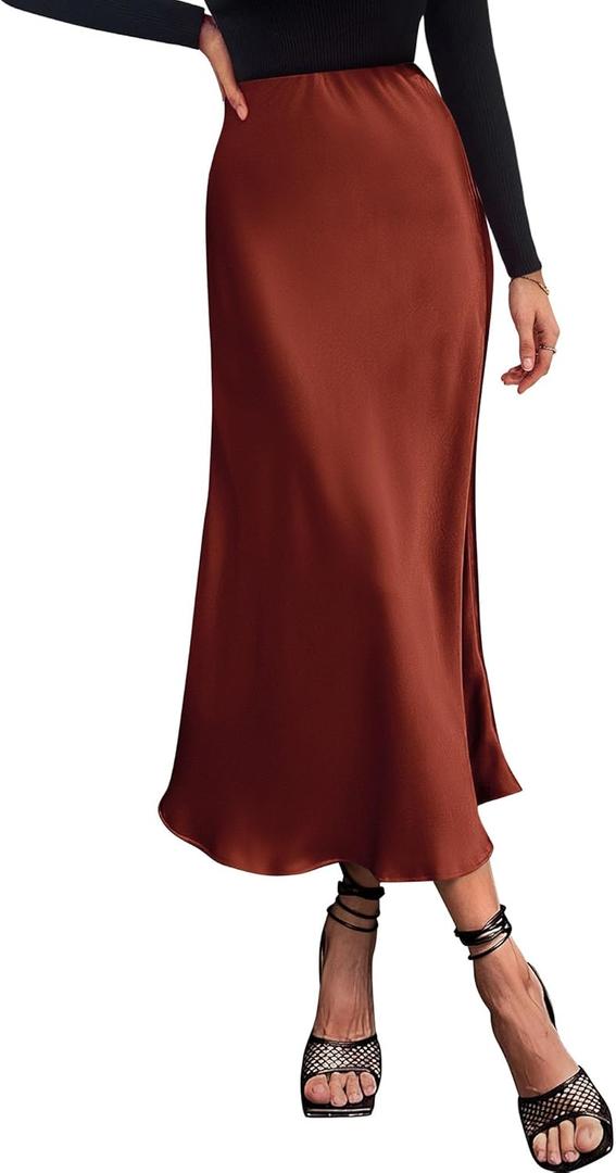BTFBM 2026 Summer Womens Skirts Silk Elegant High Waist Flowy Long Satin A-Line Midi Skirt Cocktail Wedding Party (Brown) S