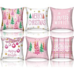 6 Set Pink Winter Throw Pillow Covers Winter Watercolor Pillow Cover 18 x 18 Inch Holiday Cushion Case Decor Seasonal Decorative Outdoor Pillowcase for Couch Sofa Porch Farmhouse