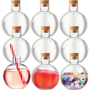 Jinei 9 Sets 8 oz Spherical Plastic Potion Bottles Ball Shape Sand Bottles Clear Plastic Cocktail Ornament Balls with Funnels for DIY Wedding Party Gift Crafts Decoration,(Wooden,Topper)