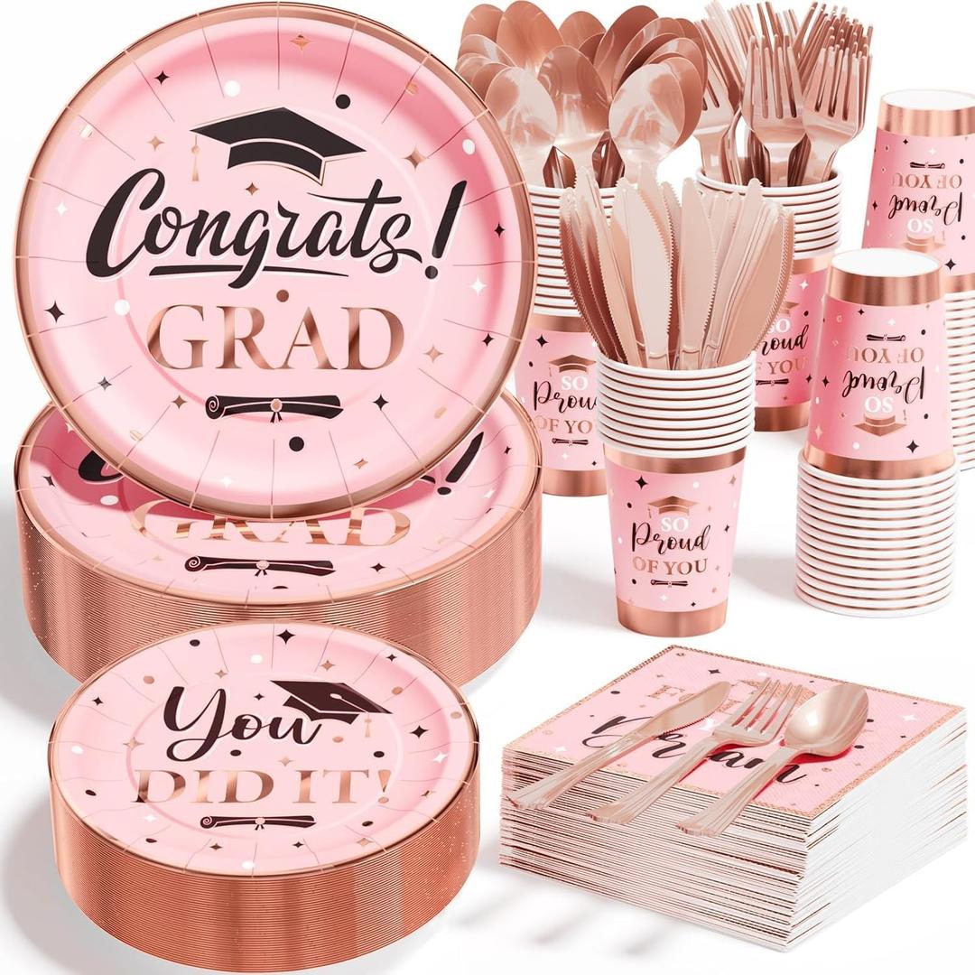 Ecomore Graduation Decoration Class of 2026 Pink Graduation Decoration 350 PCS - Rose Gold Grad Party Supplies Disposable Dinnerware (Serves 50) Paper Plates Cup Napkin Fork Knife Spoon (Pink & Black)