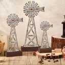Wesiti Set of 3 Farmhouse Windmill Table Top Decor 11.02 Inch 8.66 Inch 6.3 Inch Rustic Metal Rusted Windmill Table Decoration Centerpiece for Desk Shelf Home Livingroom Decor