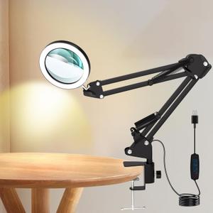 10X Magnifying Glass with Light Clip on Mganifier with Light 3 Color Modes 56 LEDs Stepless Dimmable Desk Magnifying Glass with Clamp Magnifying Desk Lamps with Swing Arm for Reading Close Work