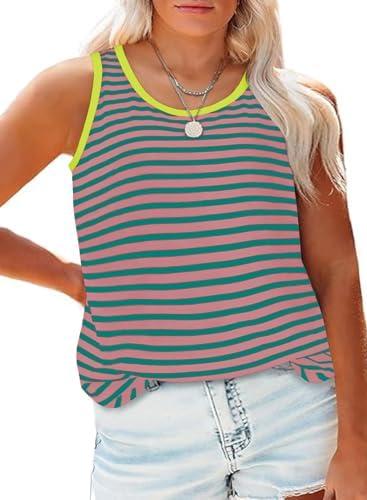 Eytino Plus Size Tank Tops for Women Sleeveless Crew Neck Striped Casual Summer Loose Tee Shirts,3XL Green