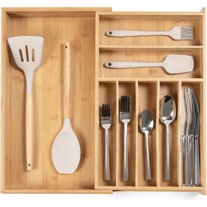 KitchenEdge Premium Silverware, Flatware and Utensil Organizer for Kitchen Drawers, Food-Safe Contract Grade, Expandable from 10.5 to 19 In, Natural Bamboo