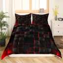 Manfei Geometric Grid Duvet Cover Set Twin Size, Red and Black Checkered Bedding Cover, Men Women Room Decor, Modern Abstract Check Plaid Square Bed Sets for All Season, 1 Pillowcase, No Comforter (Multi 07)