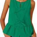 ZESICA Women's Summer Sleeveless Tank Tops Crewneck Tie Front Loose Flowy Ruffle Peplum Babydoll Blouses (Medium, Green)