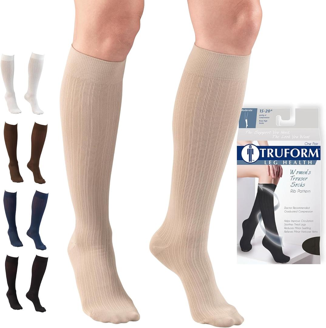 Truform Compression Socks, 15-20 mmHg, Women's Dress Socks, Knee High Over Calf Length, Tan Rib Knit, Small