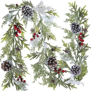 6' Long Snowy Artificial Pine and Cedar Christmas Garland with Pine Cones Red Berries Winter Greenery Garland for Christmas Wedding Winter Seasonal Holiday Table Runner Centerpiece Mantel Decoration