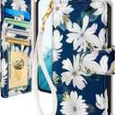 Toycamp for Samsung Galaxy S21 Wallet Case with Wrist Strap - Leather Flip Folio Cover with RFID Blocking 4 Card Slots Galaxy Samsung S21 Cute Aesthetic for Women Lady, Blueleaf Flower