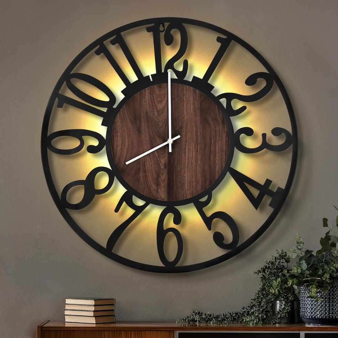 LEIKE Large Wall Clocks with Night Light Battery Operated,Silent Non Ticking,Rustic Modern Big Wood Clock for Living Room, Bedroom,Kitchen,Farmhouse,Office,Home Decor-30 Inch(Black-Arabic Number)