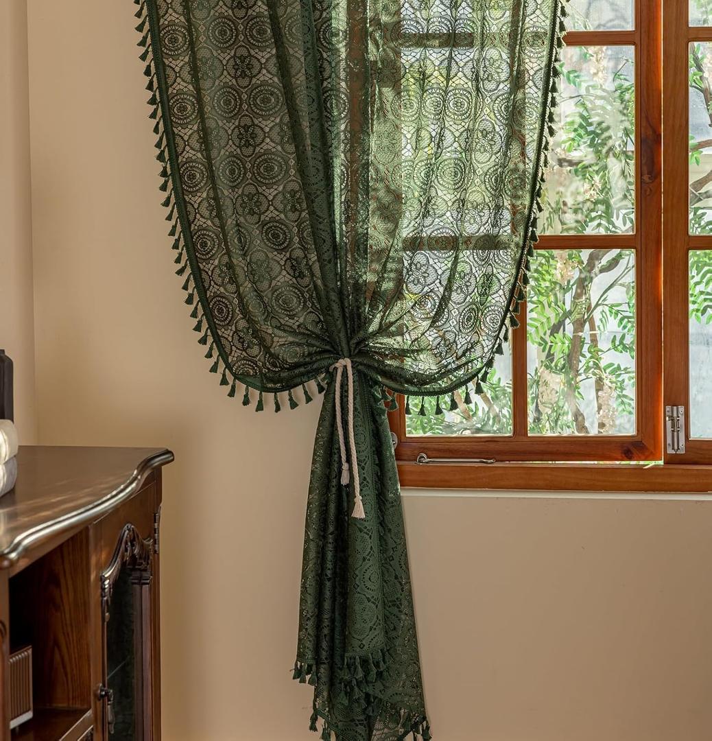 YJ YANJUN Boho Lace Curtains 54 inch Length 2 Panels -Vintage Floral Crochet Sheer Panels with Tassel for Living Room Bedroom Light Filtering Cottagecore Bohemian Drapes Dark Green W59 x L54