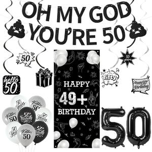 Holkcog 50th Birthday Decorations, 49+1 Black Glitter Banner Background, Oh My God Its My 50th Birthday Hang Banner for Men Women, Number 50 Ballons, Funny 50 Years Old Party Supplies