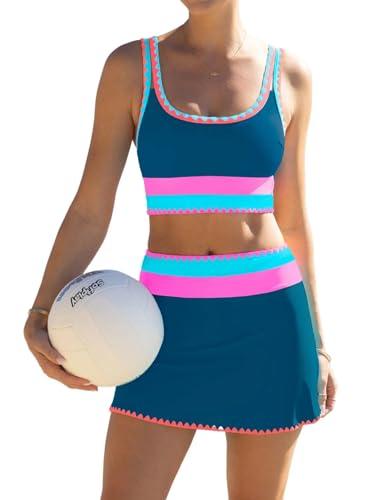 Popvil High Waisted Bikini Sets for Women Tummy Control Swimsuits 3 Piece Bathing Suits Neon Swimwear with Skirt 2026 Dark Blue, XL