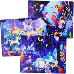 Puzzles for Girls 5-8 Princess Themes(Carousel/Unicorn/Mermaid, 3 * 48PCS) Puzzle Magnetic Puzzles for Girls 5-6 Travel Activities for Kids, Birthday Presents for Girl 5 6 7 8 Years Old
