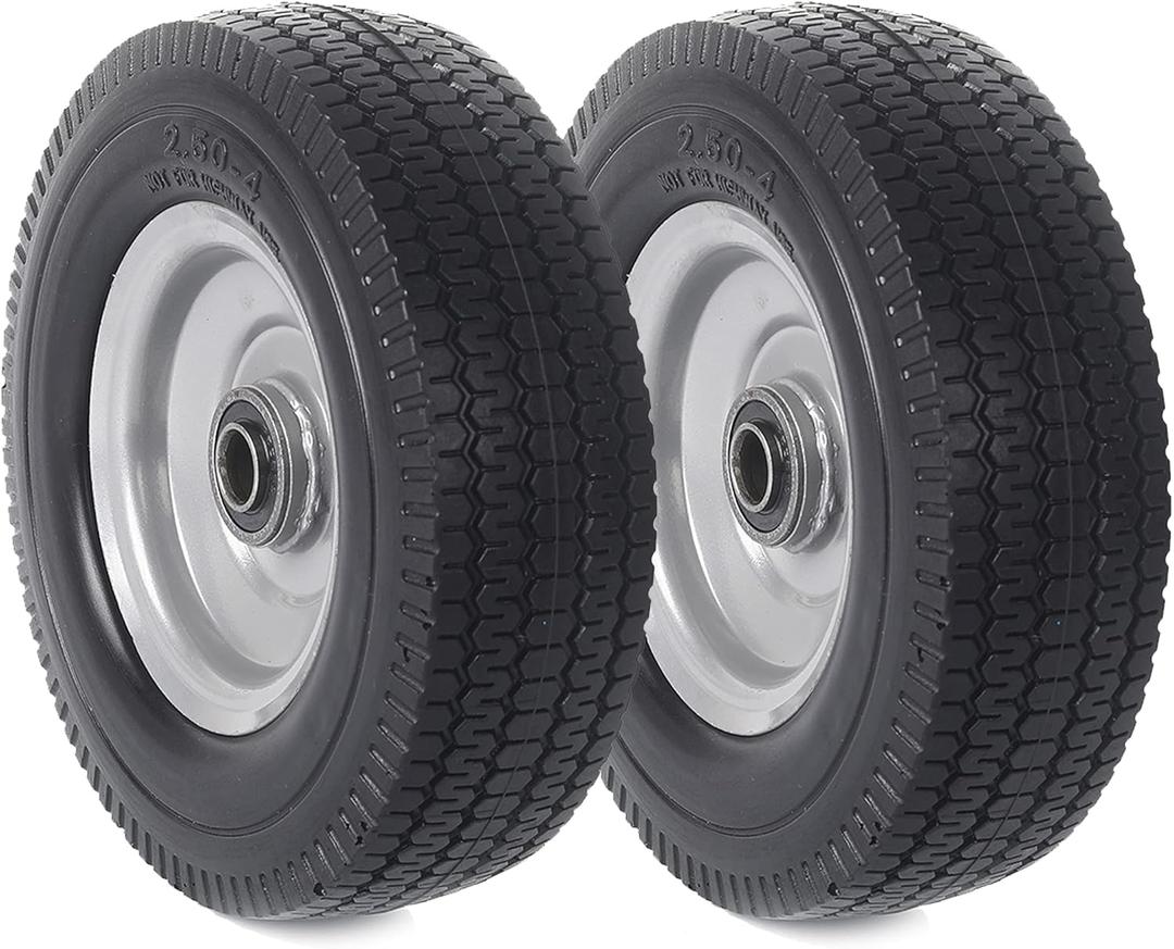 AR-PRO (2-Pack) 8-Inch Solid Wheel Replacement - 2.50-4" Flat Free Tire and Wheel with 5/8 extra 3/4 Bearings and 2.2" Offset Hub - Compatible with Hand Truck, Generator, Gorilla Carts