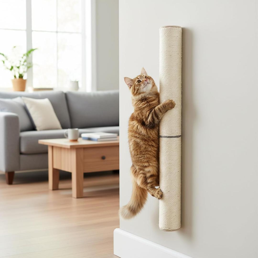 PowerKing Wall Mounted Cat Scratcher, 24" Vertical Sisal Scratching Post for Indoor Cats, Space-Saving Wall Cat Furniture with Natural Jute Rope & Rotatable Design