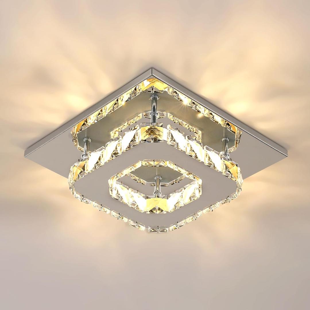 Goeco Square Modern LED Ceiling Light, Crystal Flush Mount Chandelier Ceiling Light, 3000K Crystal Close to Ceiling Lighting Stainless Steel Fixture for Bedroom, Hallway, Dining Room, Living Room (1-Layer-Square)