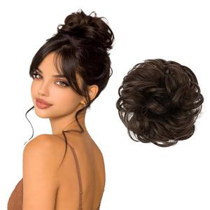 BARSDAR 100% Human Hair Bun Extension - Real Human Hair Dark Brown Messy Bun Scrunchie for Women - Elastic Wavy Curly Dark Brown Updo Extensions Soft Natural Looking Large Chignons Hairpieces (1 Count (32g))