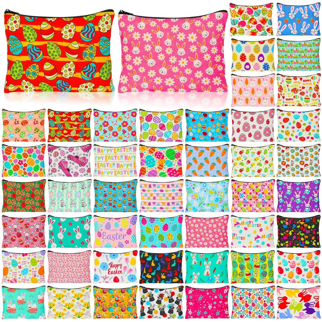 48 Pcs Easter Makeup Bags Bulk Canvas Cosmetic Bags, Cute Bunny Egg Toiletry Zipper Pouches, Portable Travel Organizer, Party Favors, Gifts for Women