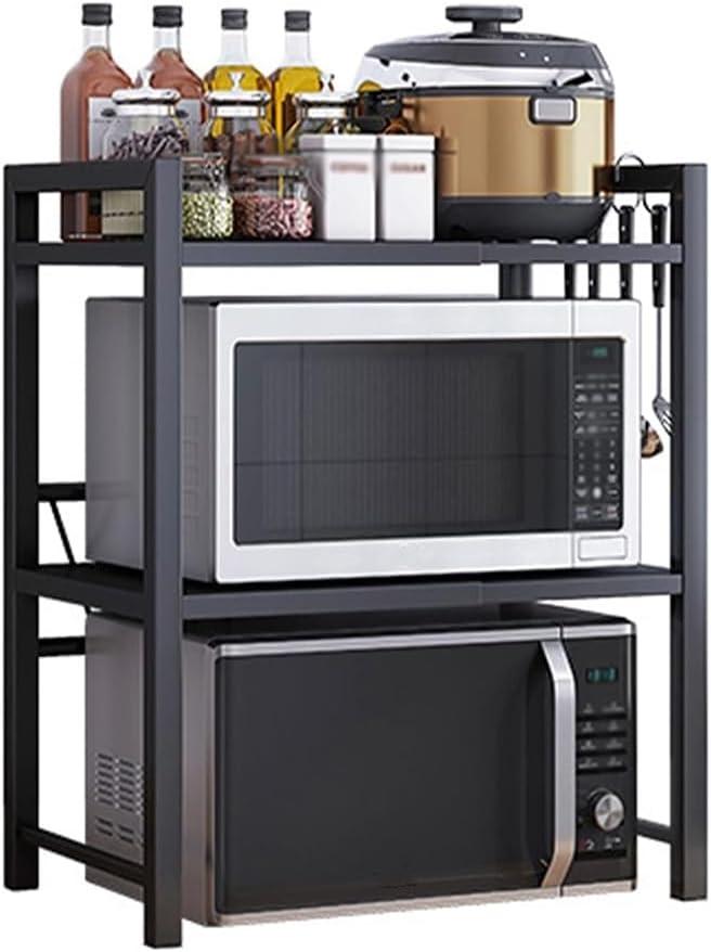 Expandable Microwave Rack, Countertop Kitchen Utensils Tableware Storage, Carbon Steel 3 Tier Shelf with 3 Hooks