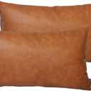 Set of 2 Thick Faux Leather Lumbar Throw Pillow Covers 12x20, Modern Farmhouse Boho Small Long Accent Scandinavian Decor Rectangle Decorative Cushion Cases for Couch Bed Sofa Cognac Brown