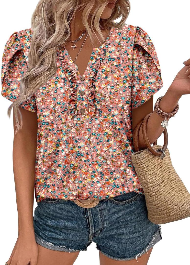 KISSMODA Women's Tunic Tops Casual V Neck Short Sleeve T Shirts Summer Puff Sleeve Ruffle Blouses (Pink, S)