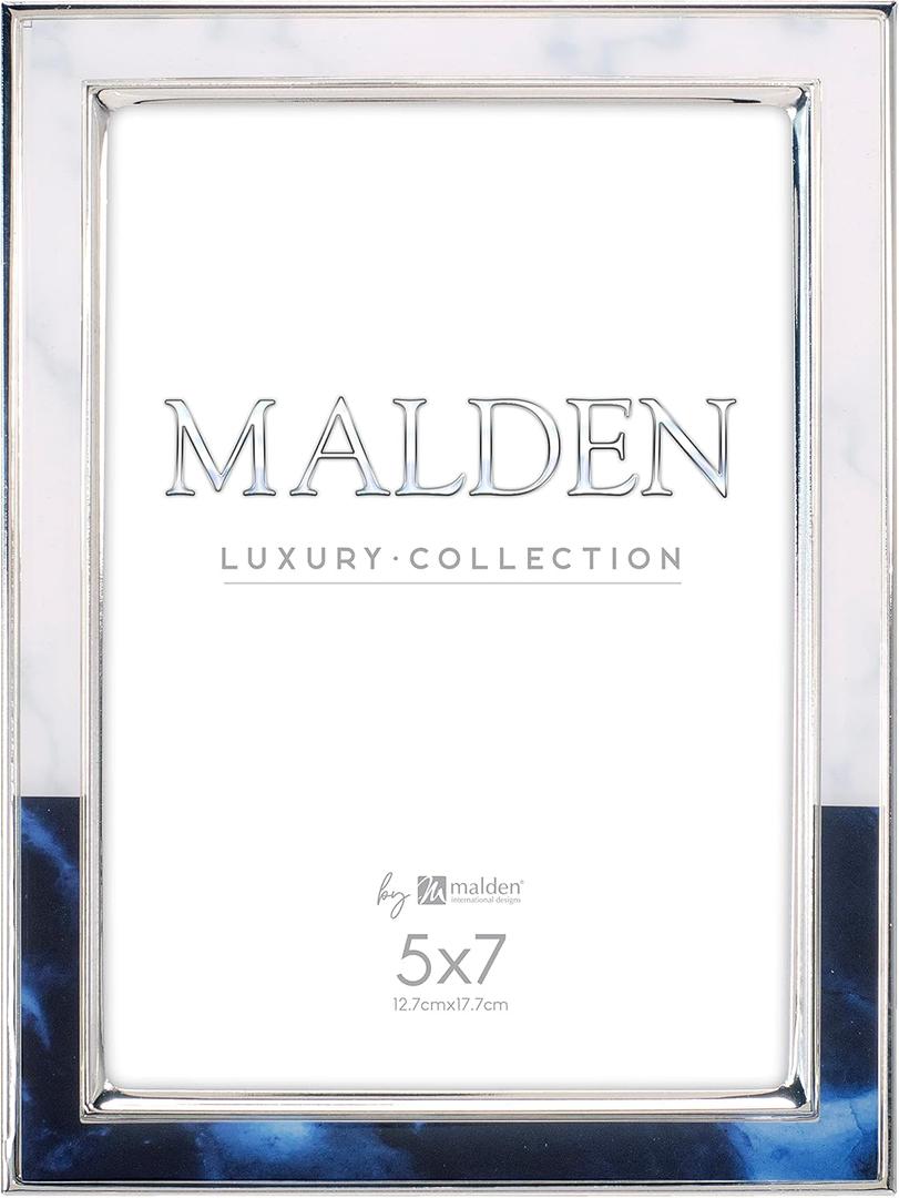 Malden International Designs 5x7 Two Tone Marbled Metal Picture Frame White Sapphire Blue Shiny Silver Finish