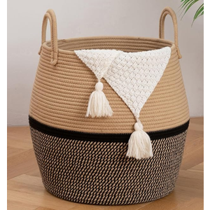 OIAHOMY 60L Blanket Basket with Handle, Storage Basket for Living Room, Laundry Hamper for Clothes, Towels, Pillows, Toy Storage for Kids and Dogs, Baby Hamper for Nursery  Brown & Black